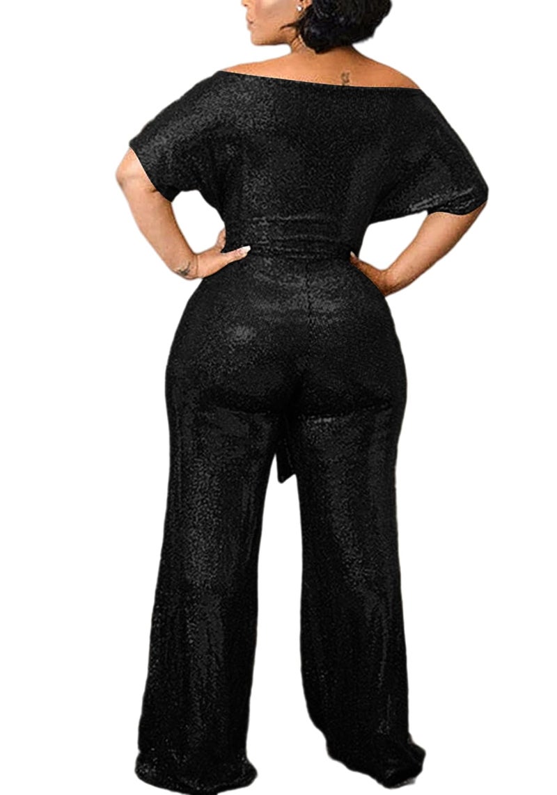 LKOUS Women's Off Shoulder Sequin Jumpsuit Sparkly Short Sleeve High Waisted Wide Leg Romper Beach Vacation Outfits - Image 4